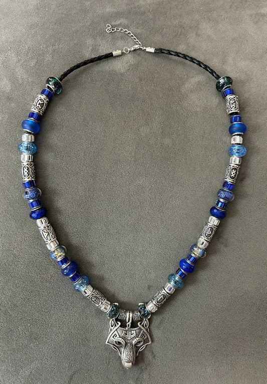 Gothic Wolf pendant with rune spacers, glass slat spacers and European beads.